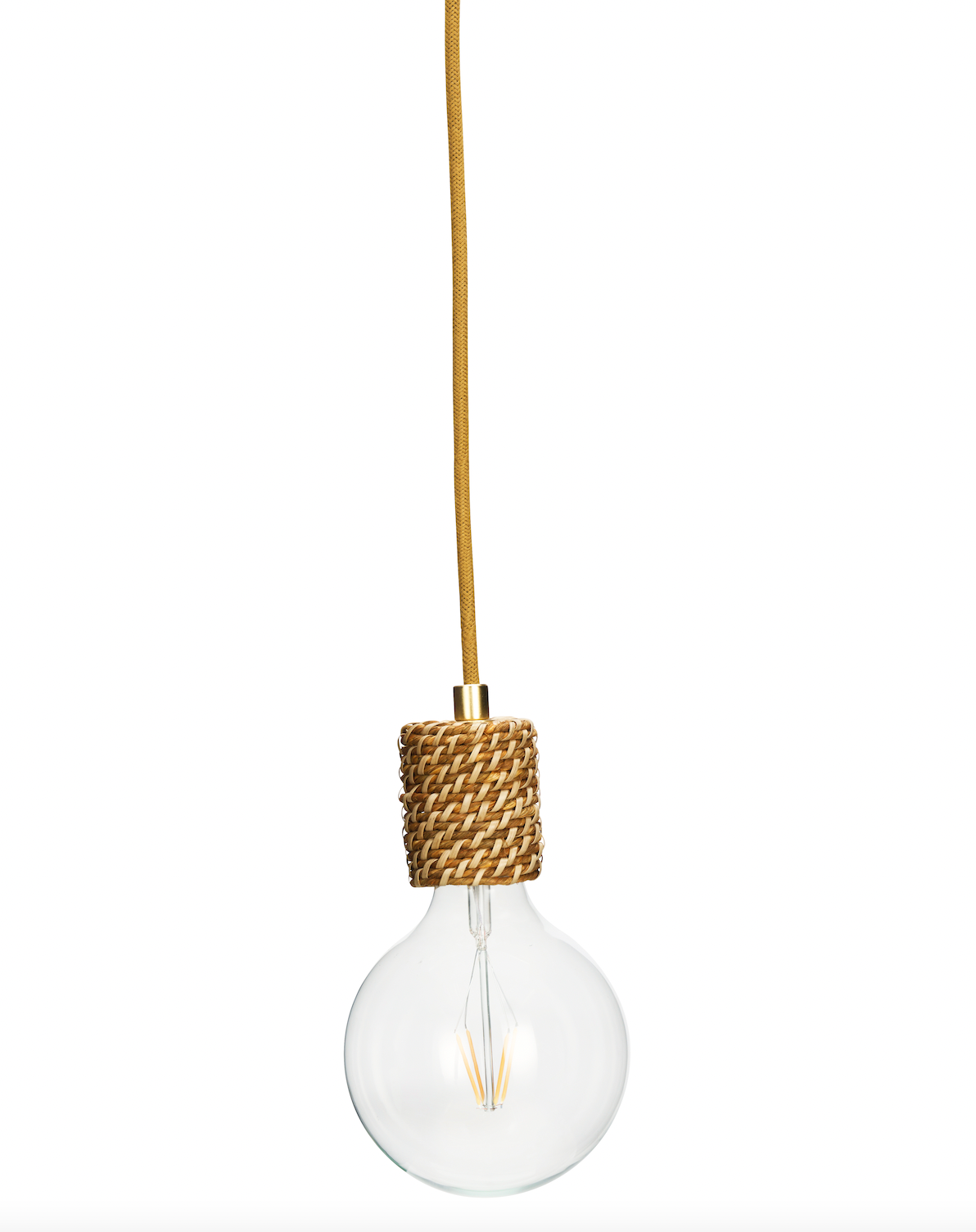 Clear light bulb with a gold and rope-textured base on a white background