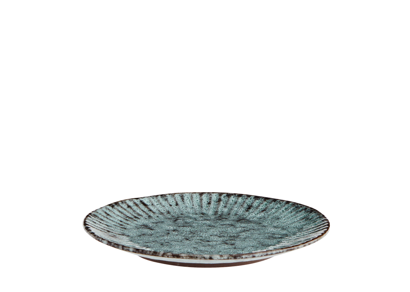 Round ceramic plate with textured surface on a white background