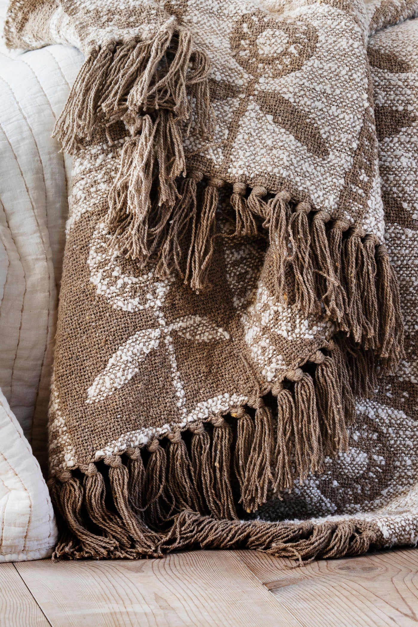 Madam Stoltz Taupe Off White Reversible Recycled Cotton Throw