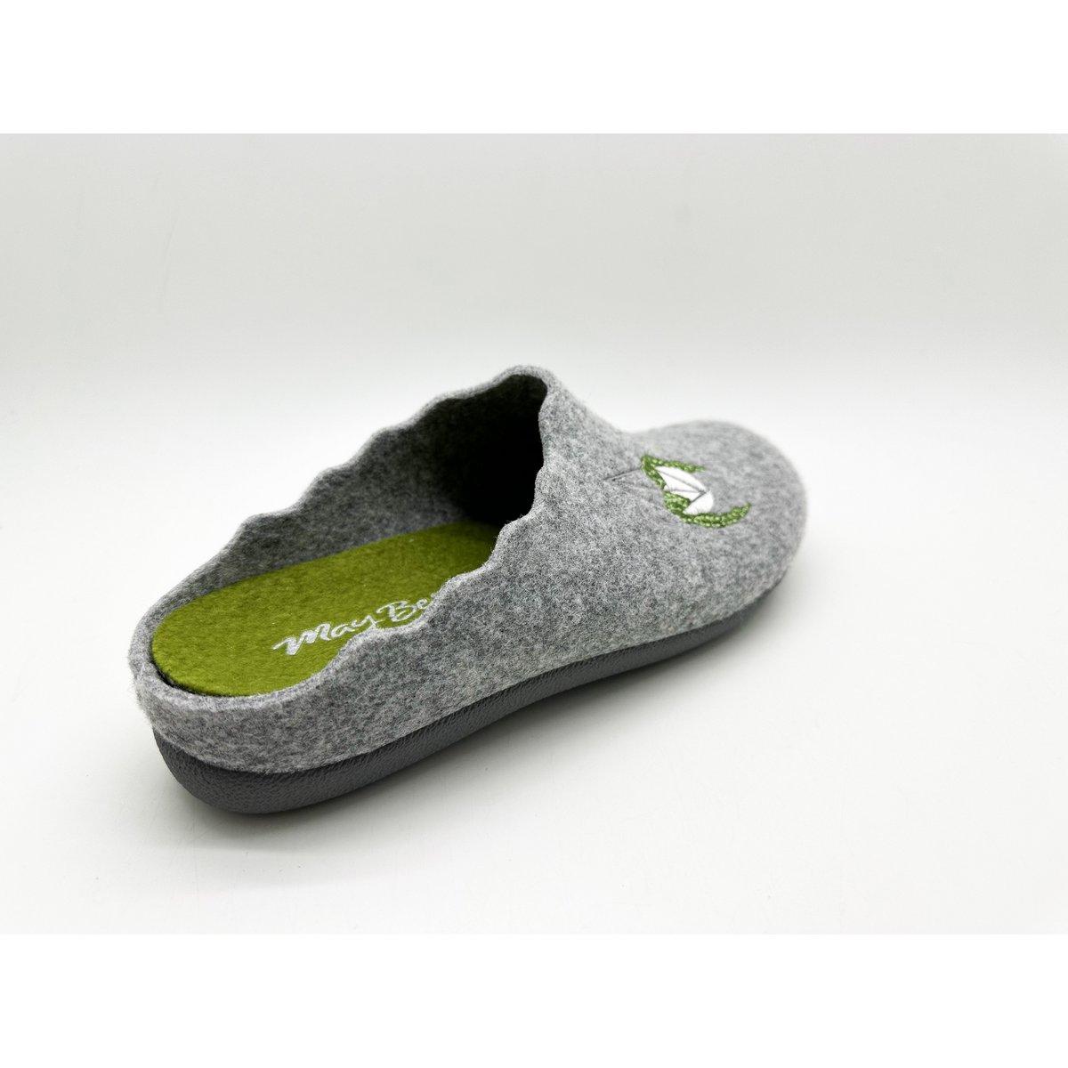 Gray slipper with green sole on a white background