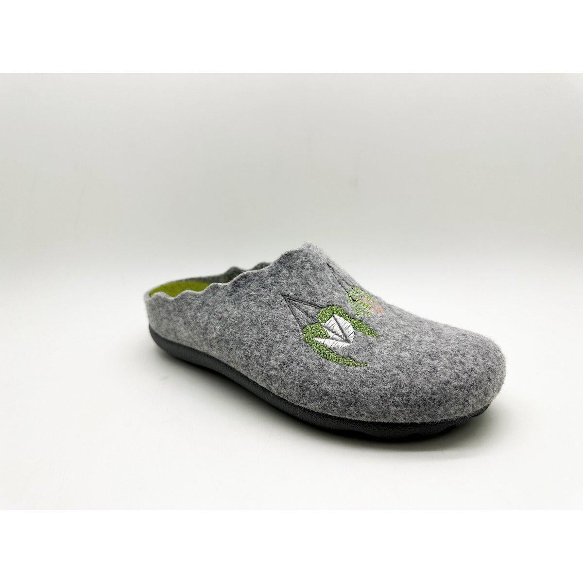 Gray slipper with a brand logo on a white background