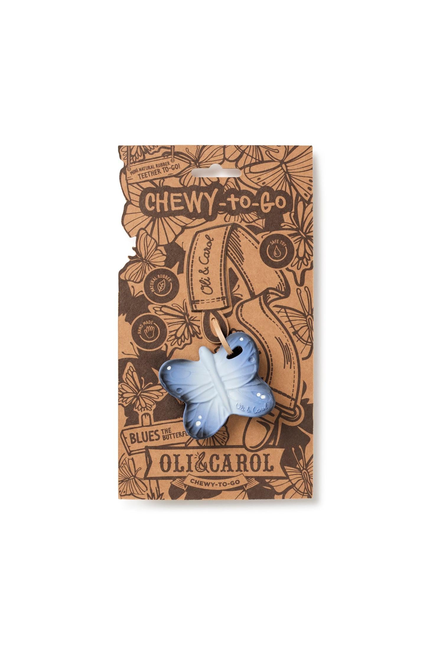 Blues the Butterfly mini teether for newborns, handcrafted from 100% natural rubber, eco-friendly and safe for 0+ babies.