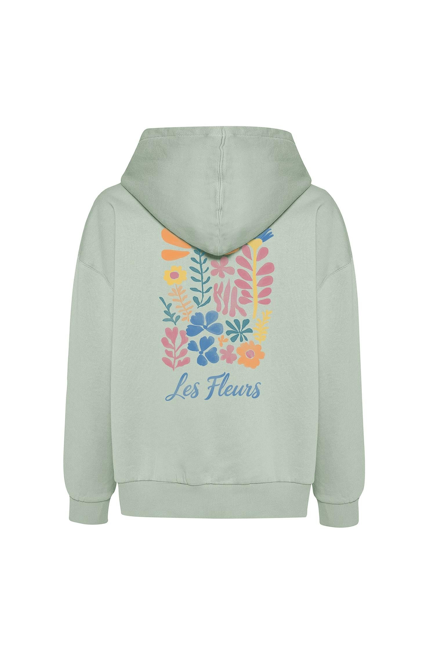 Light green boxy hoodie with floral design and 'Les Fleurs' text on a white background