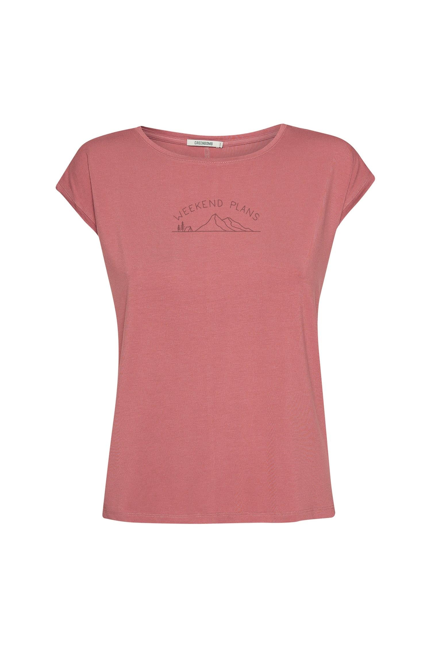 Pink eco-vero t-shirt with a mountain graphic on a white background