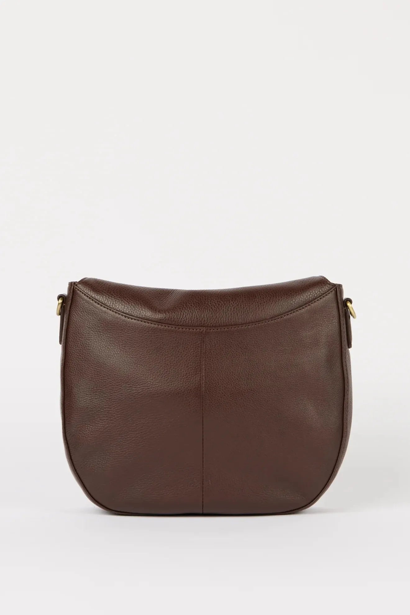 Brown sustainable leather handbag on a white background