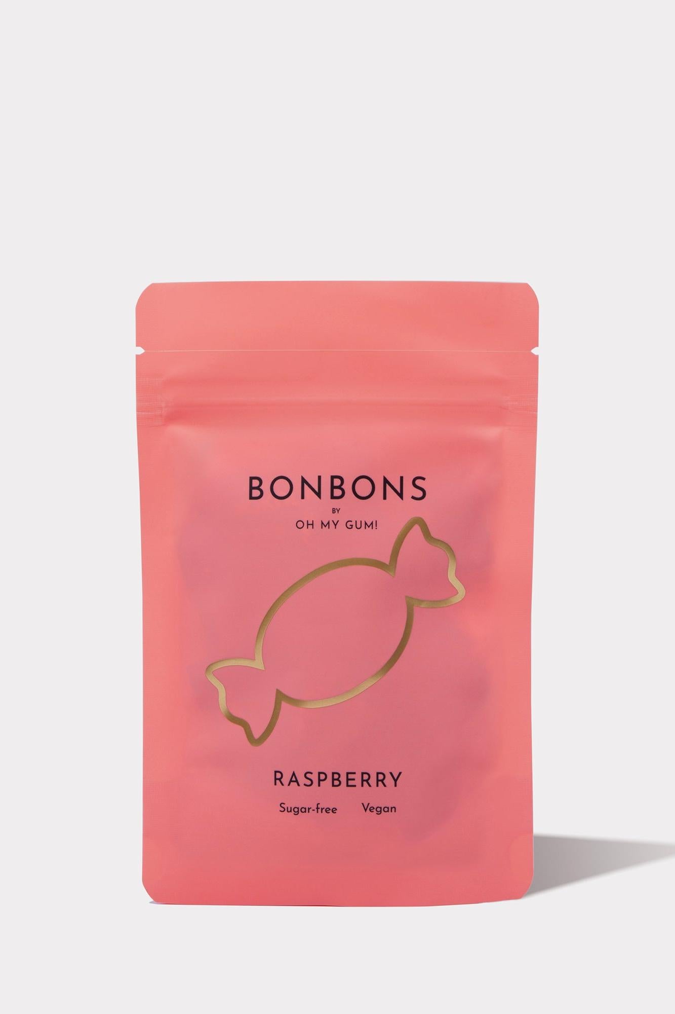 OH MY GUM! Raspberry sugar-free Bonbons in a pink pouch