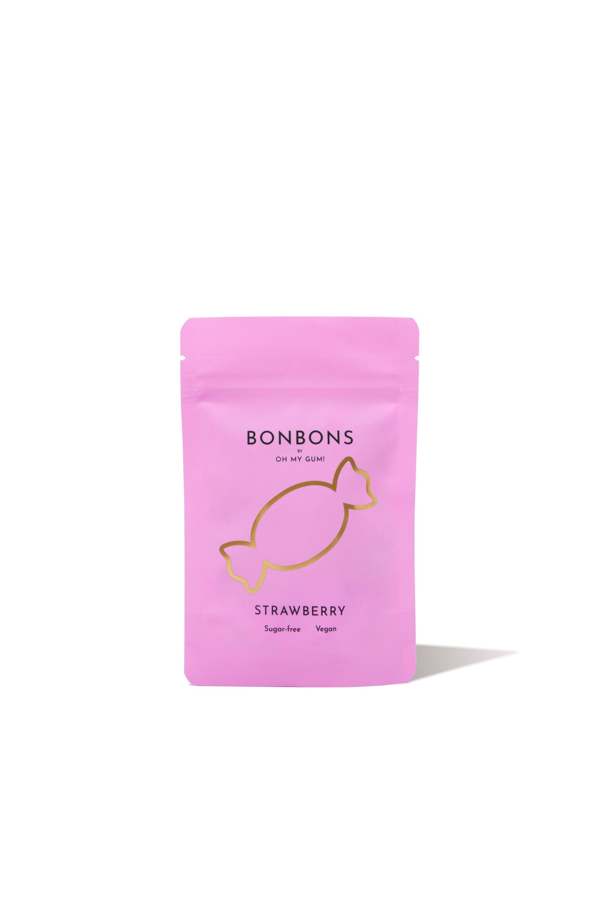 OH MY GUM! Vegan Strawberry Bonbons in a pink pouch on a white background