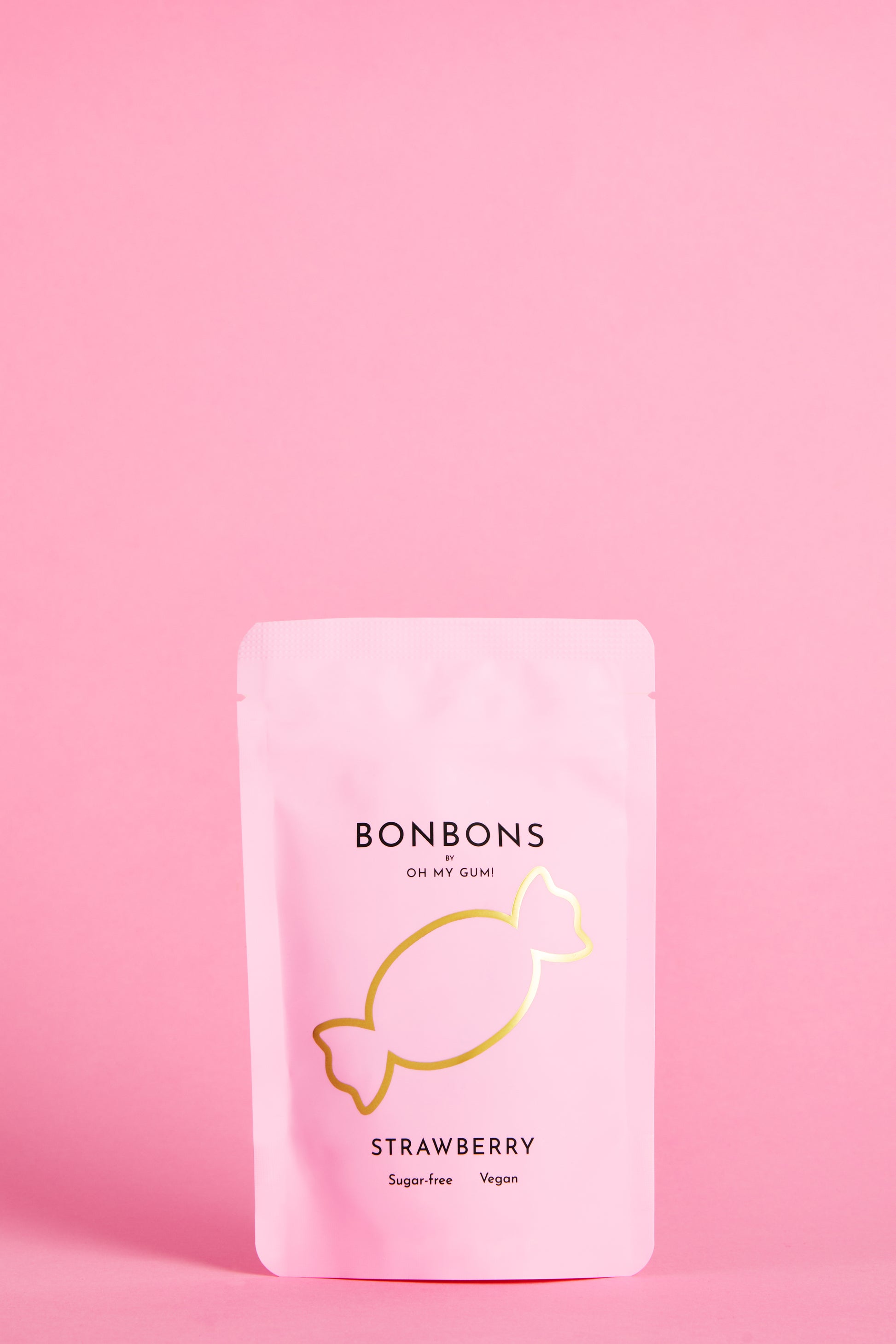 OH MY GUM! Vegan Strawberry Bonbons on a pink background