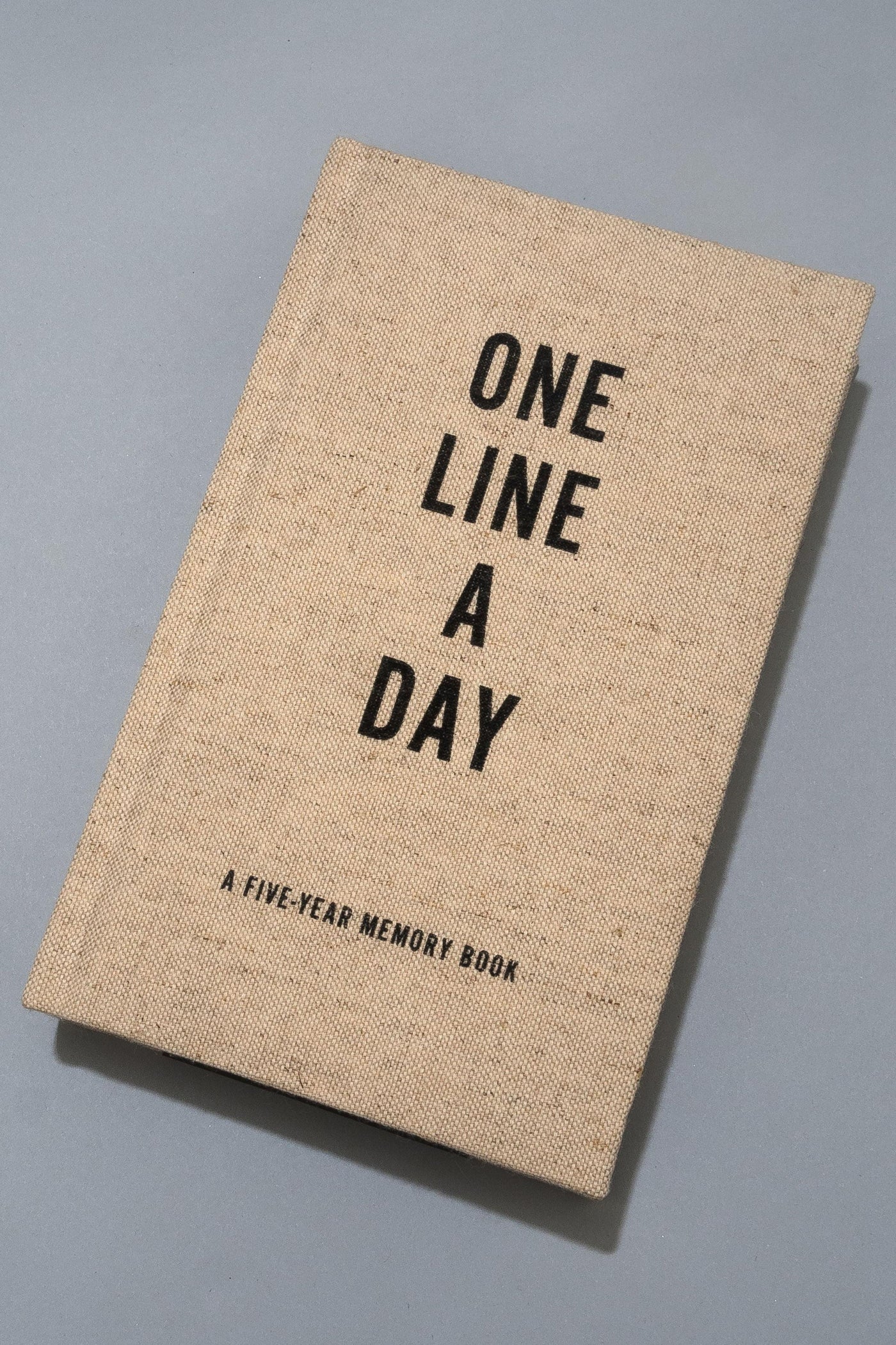 Beige notebook with 'One Line a Day' text on a gray background