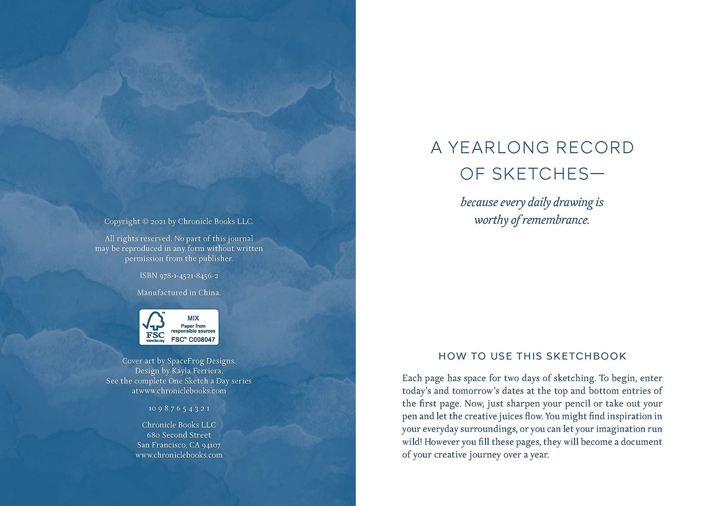Back cover of a sketchbook with text and a blue abstract design.