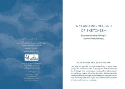 Back cover of a sketchbook with text and a blue abstract design.