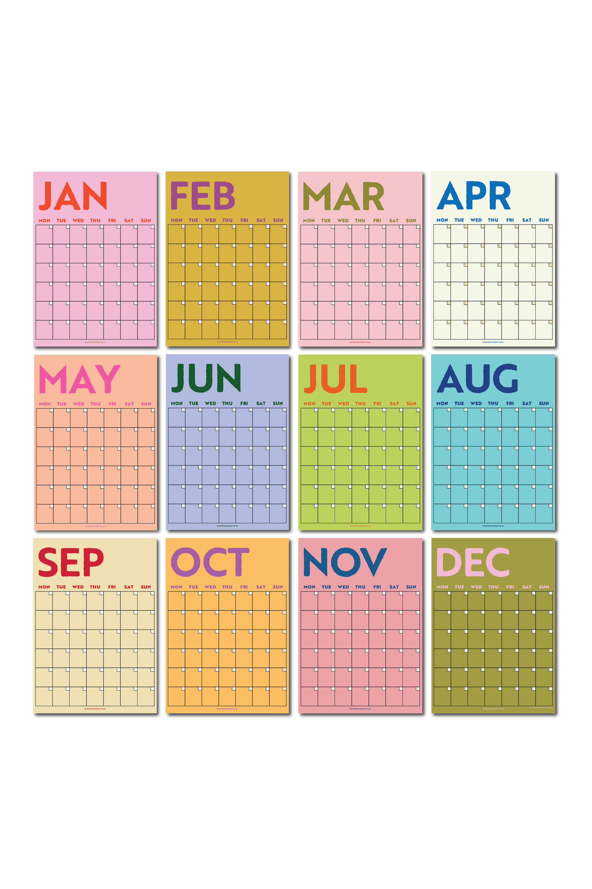 Colourful calendar with months displayed in a grid on a white background