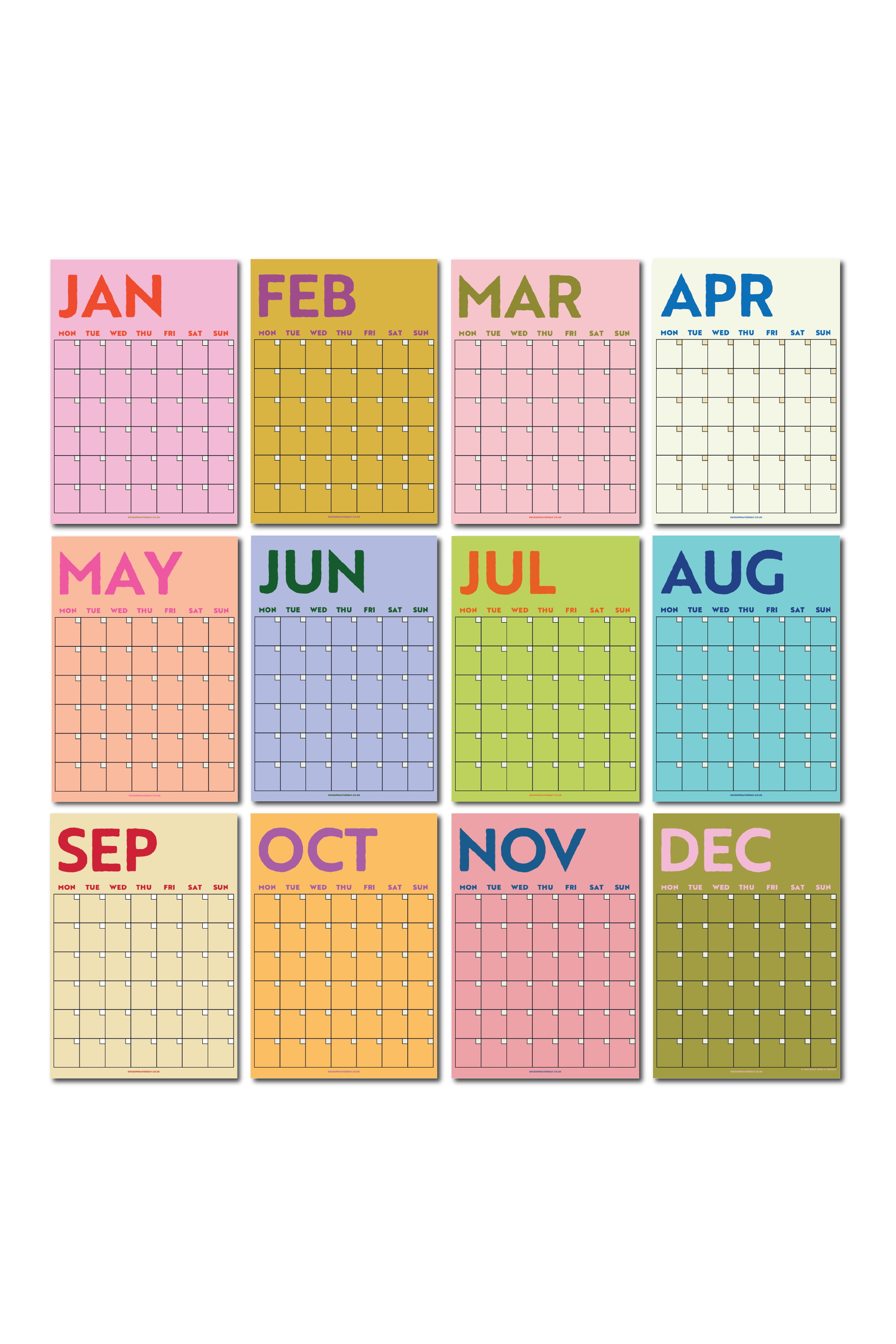 Colourful calendar with months displayed in a grid on a white background