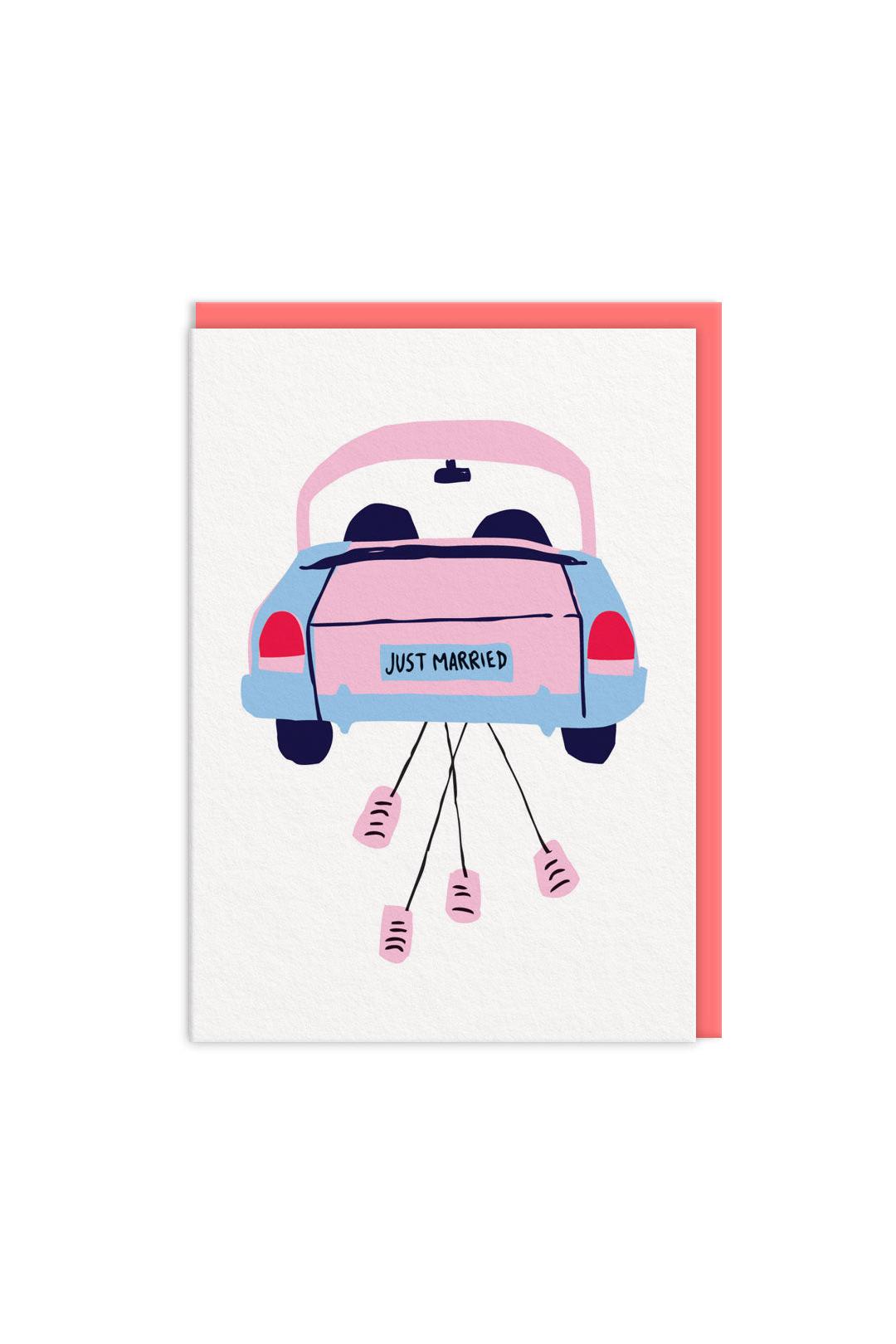 Card with a pink car and 'Just Married' text on a white background