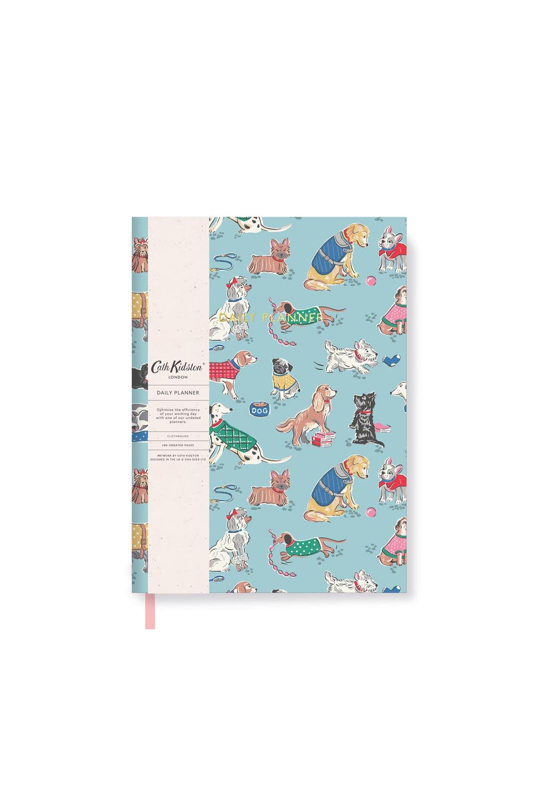 Notebook with a colorful dog pattern on a blue background
