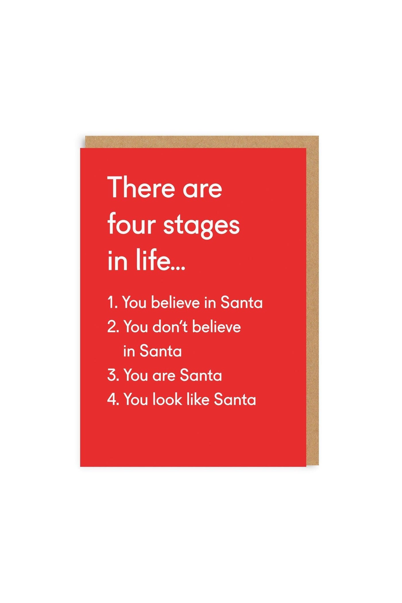 Red Christmas card with humorous text about life stages on a white background