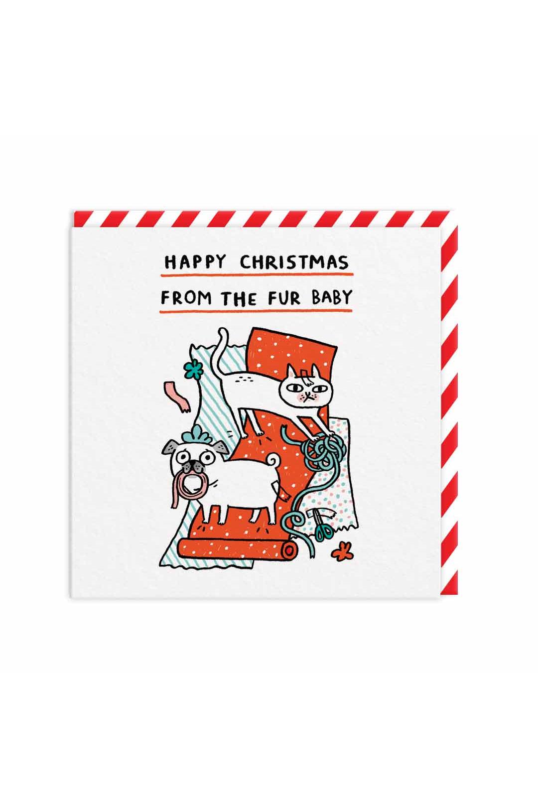 Christmas card with cartoon dog and cat illustration and text 'Happy Christmas from the fur baby' on a white background.