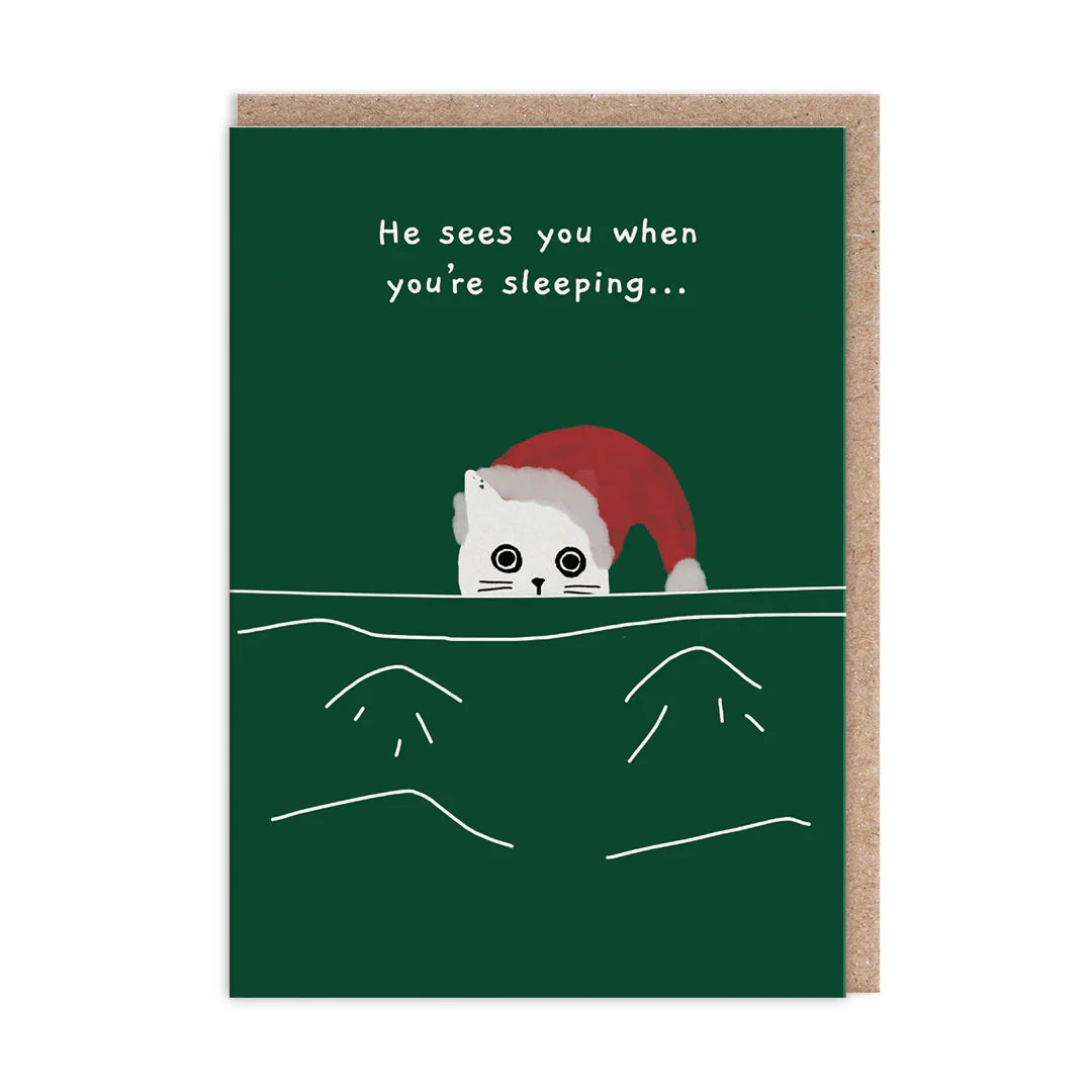 Ohh Deer He Sees You When You're Sleeping Cat Christmas Card