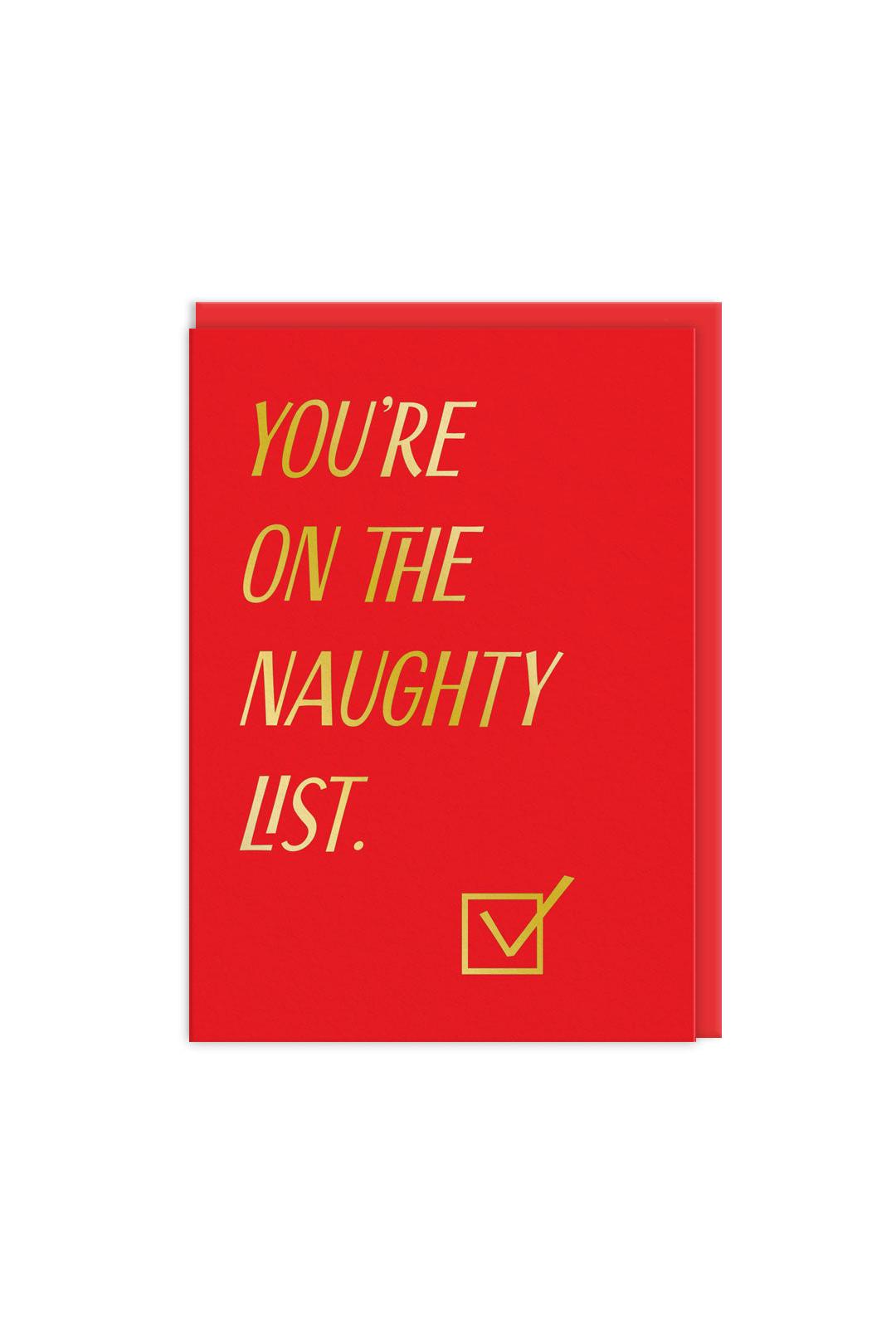 Red Christmas card with yellow text and a checkmark on a white background