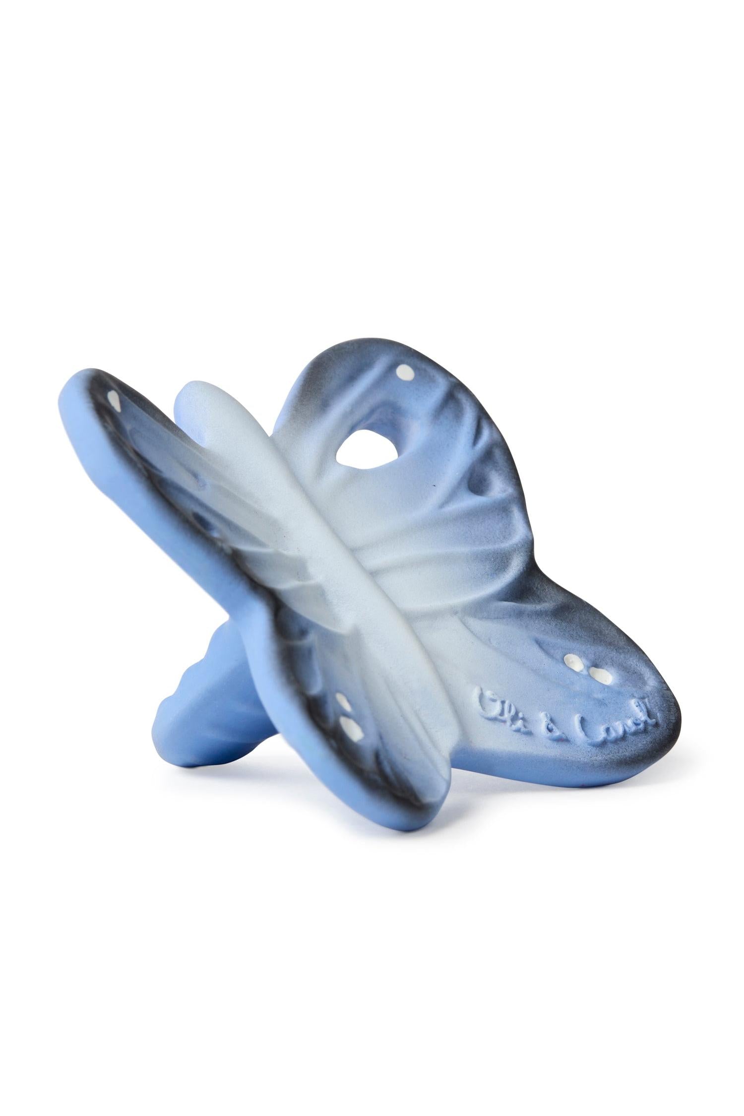 100% natural rubber teether in blue butterfly design
