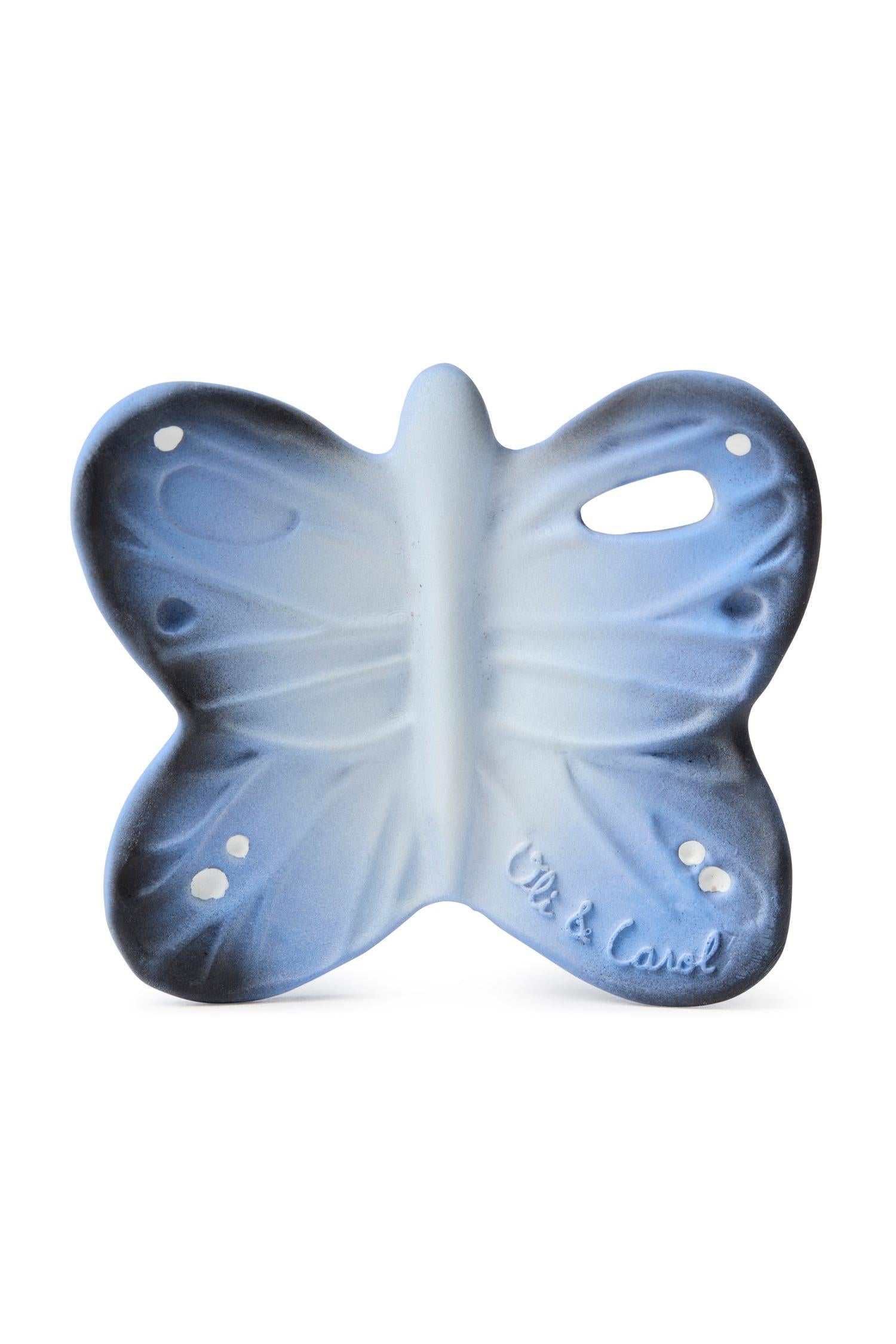 Blue butterfly-shaped teether with 'Oli&Carol' branding on a white background