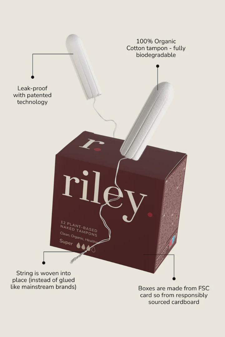 Riley tampon packaging with features highlighted on a white background