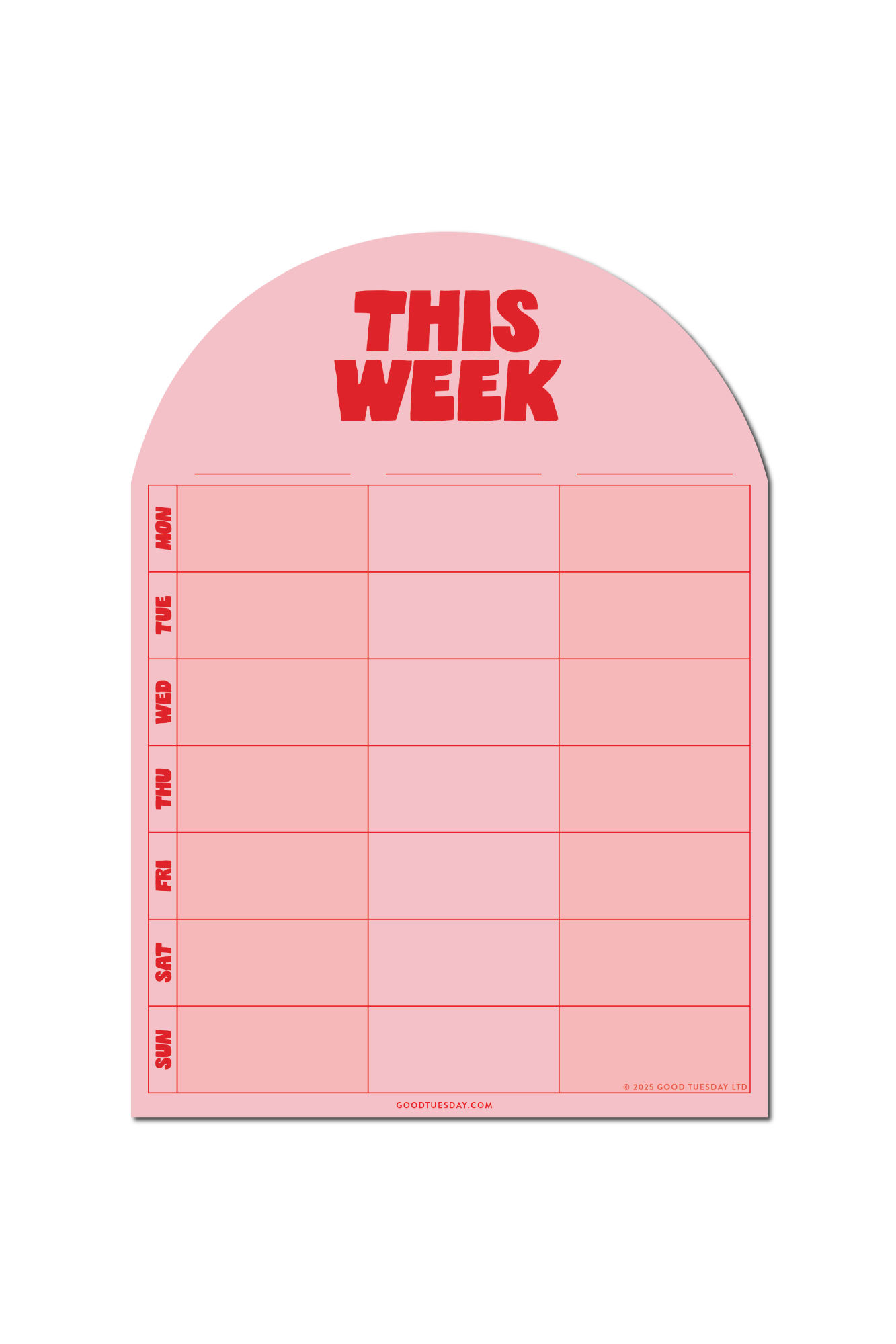 Pink weekly planner pad with 'THIS WEEK' text on a white background