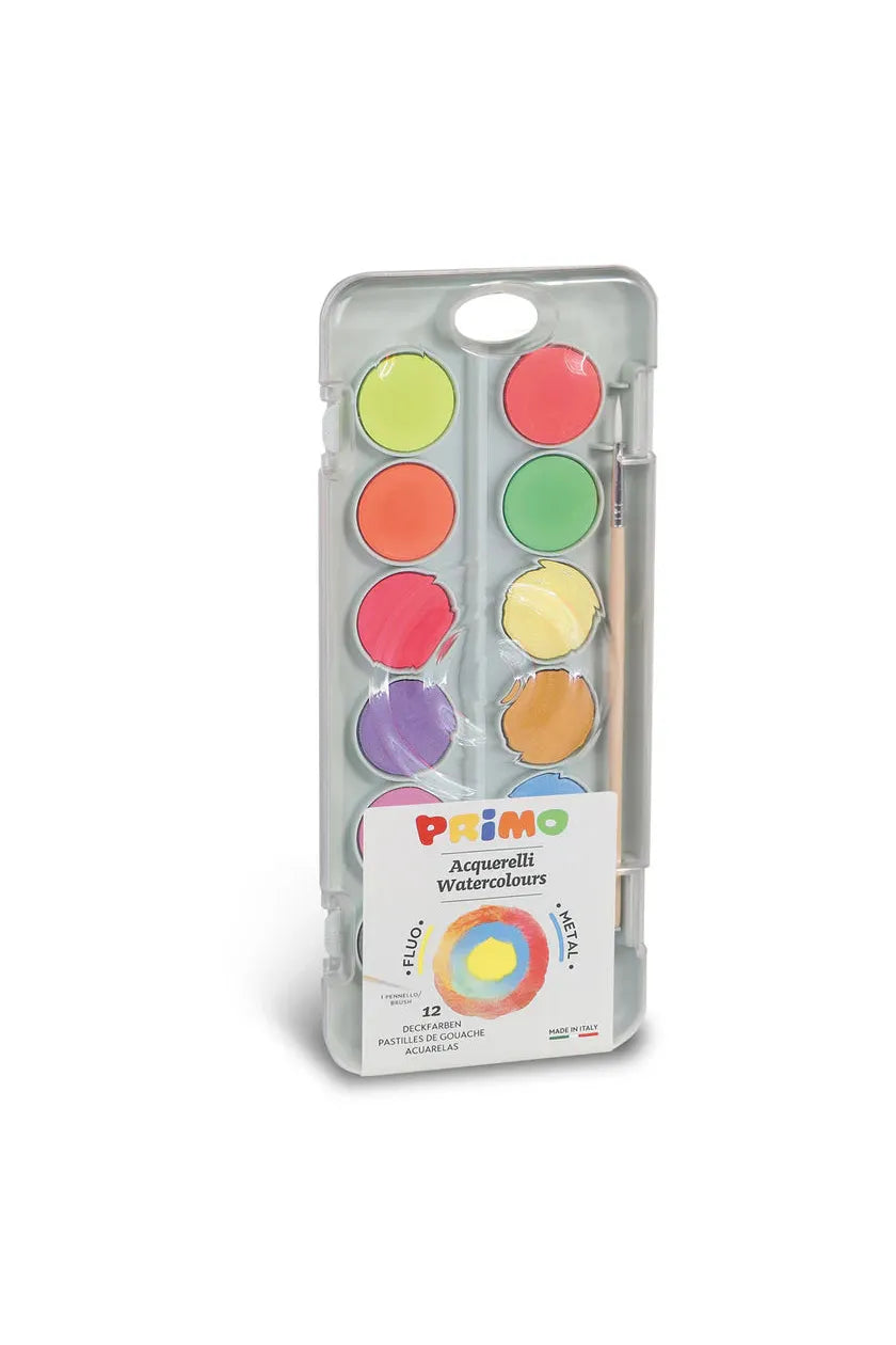 Primo watercolor paint set with colorful circles on a white background