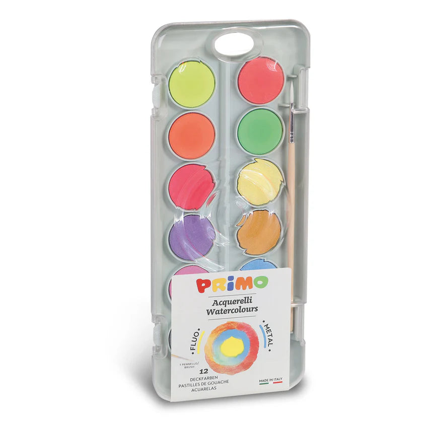 Primo watercolor paint set with colorful circles on a white background
