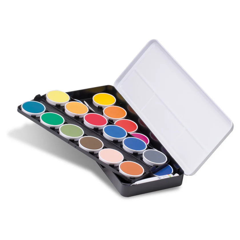 Set of watercolor paints in a metal palette on a white background