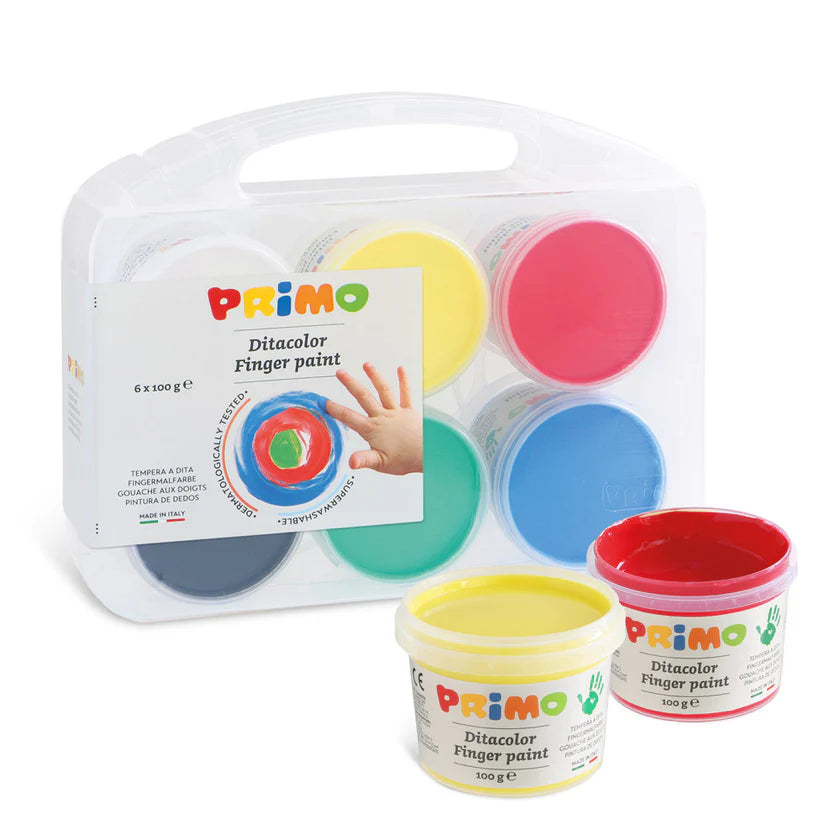 Primo finger paint set with six containers of different colors on a white background.