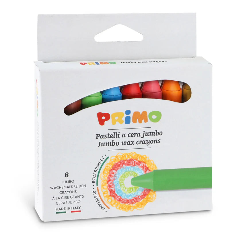 Packaging of Primo jumbo wax crayons with a white background