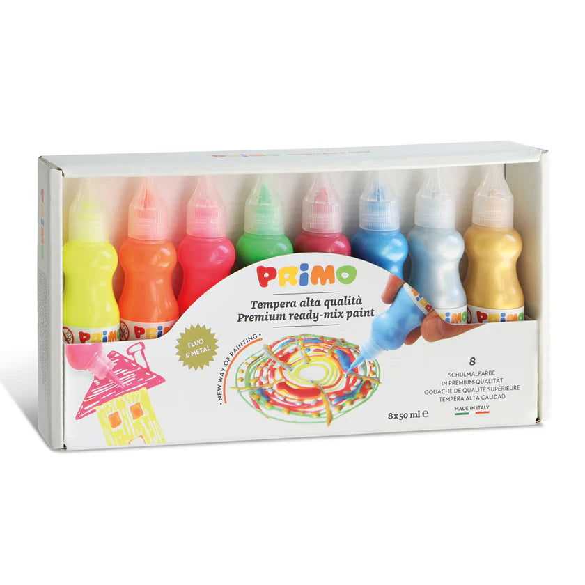 Box of Primo paint bottles with colourful labels on a white background