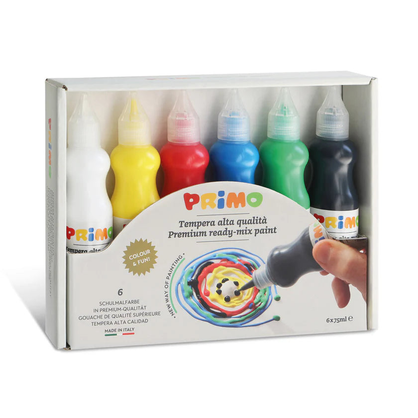 Box of Primo paint bottles with a hand applying paint to a surface.