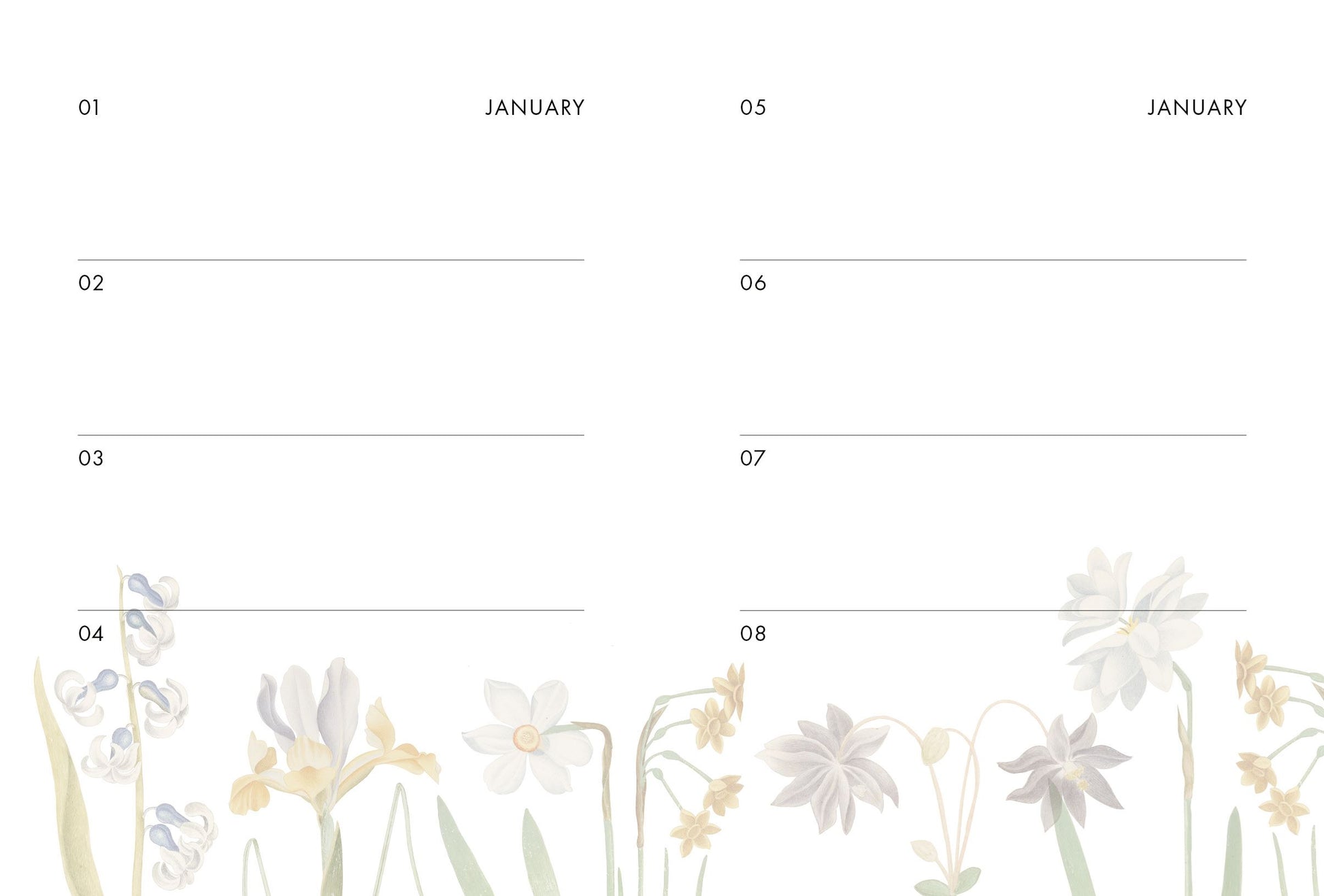 A dates page with Januarys dates on it and flowers