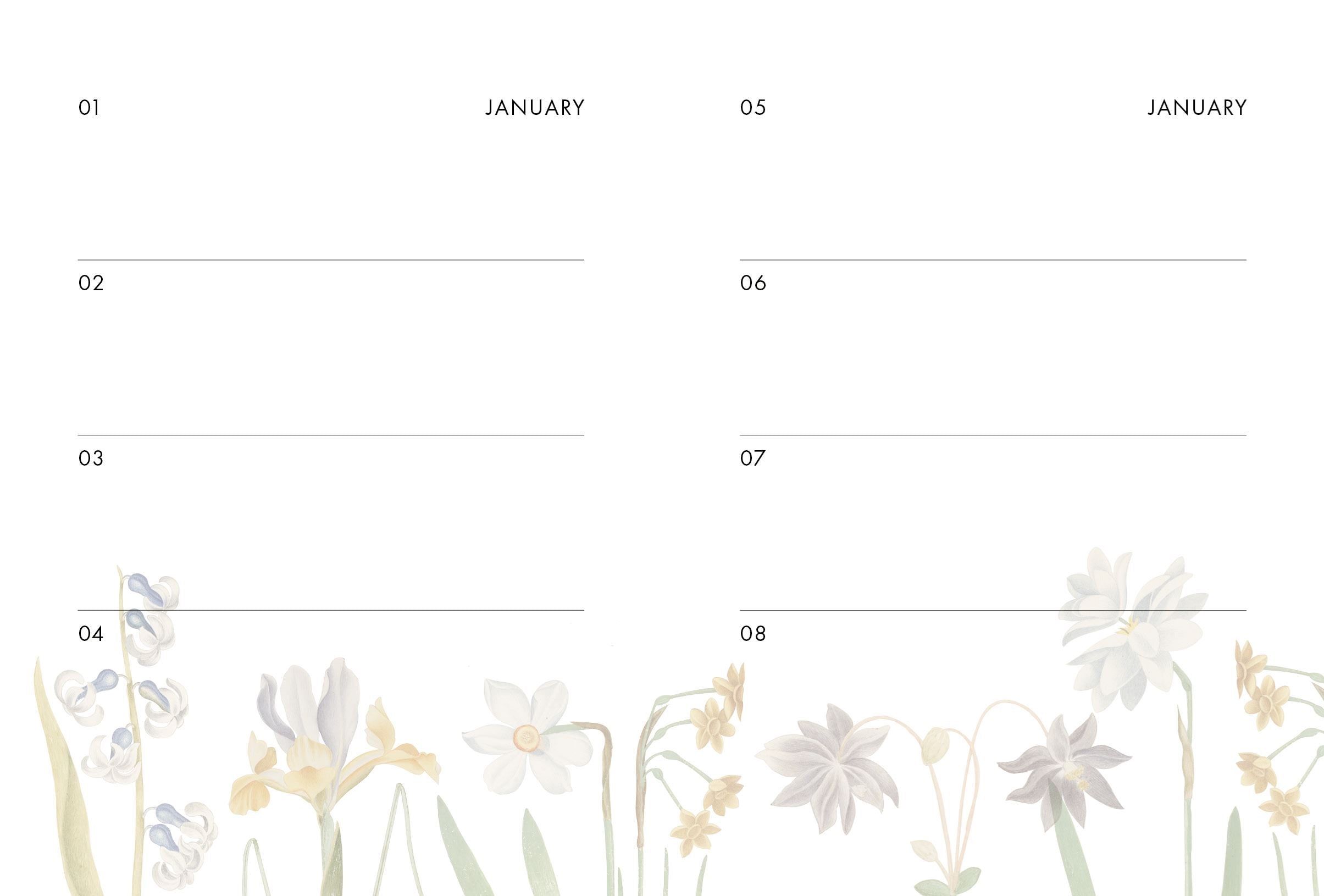 A dates page with Januarys dates on it and flowers