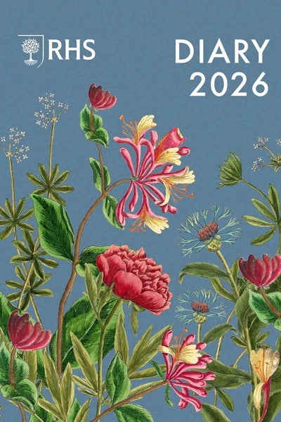 RHS Diary 2026 cover with floral design on a blue background