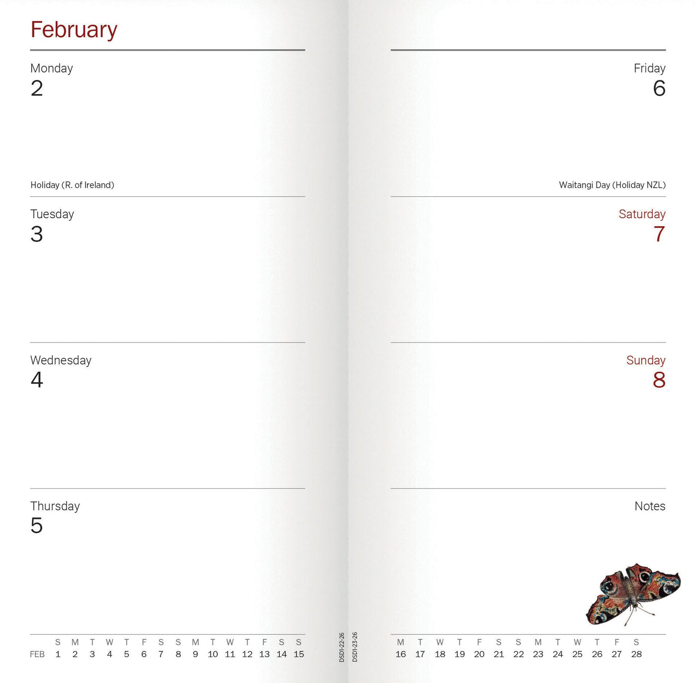 Calendar page showing February with holidays and a small frog illustration.