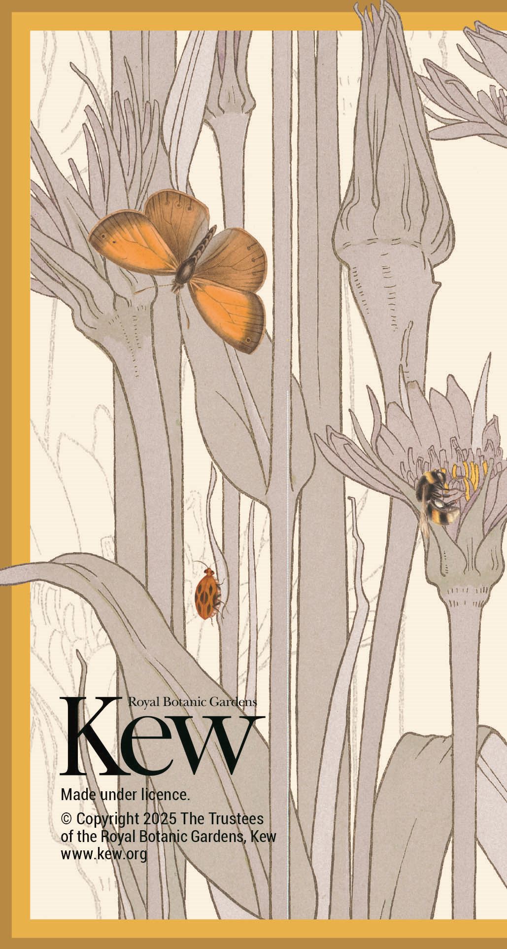 Illustration of a butterfly and ladybug on plant stems with 'Kew' branding.