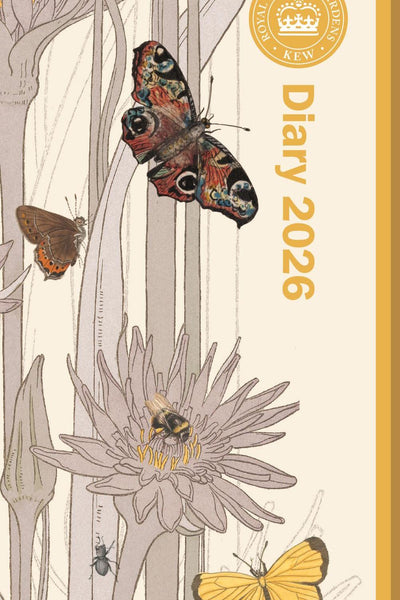 Diary cover with butterflies and flowers design, featuring a gold border and Kew Gardens logo.