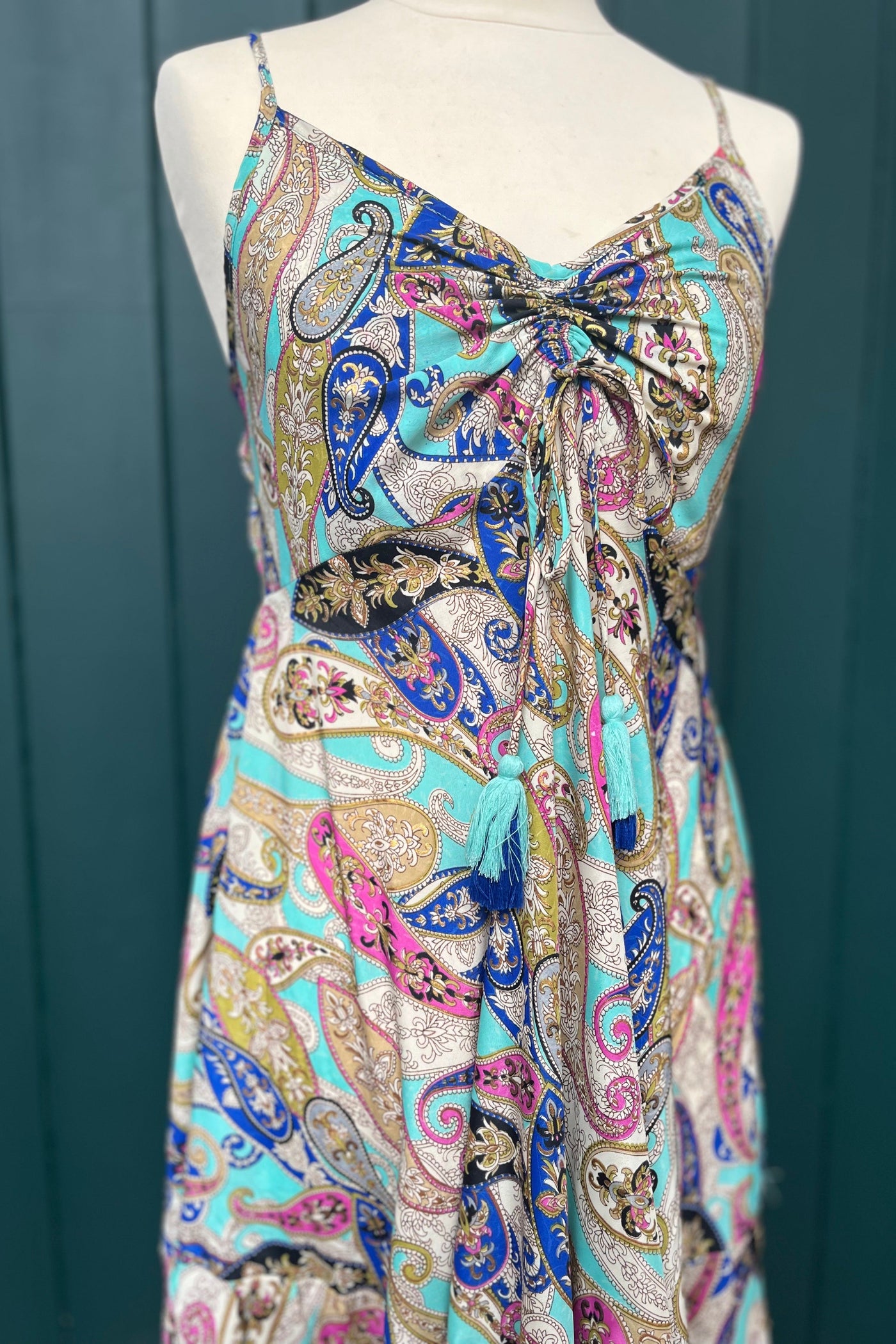 Re-Wear Creme Boheme Multi Printed Silk Dress w/ Ruching-Re-Wear-Ohh! By Gum - Shop Sustainable