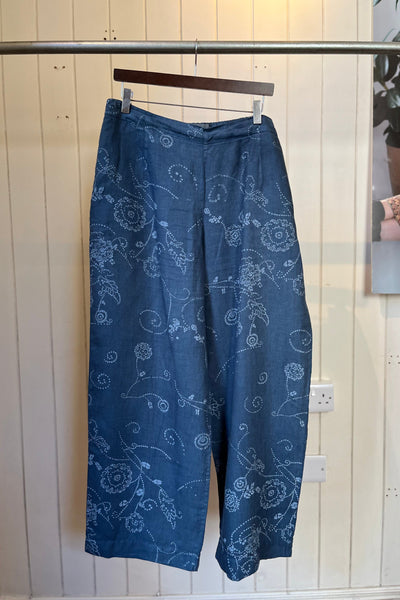 Re-Wear Oska Lagoon Blue Batik Floral Print Linen Trousers-Re-Wear-Ohh! By Gum - Shop Sustainable