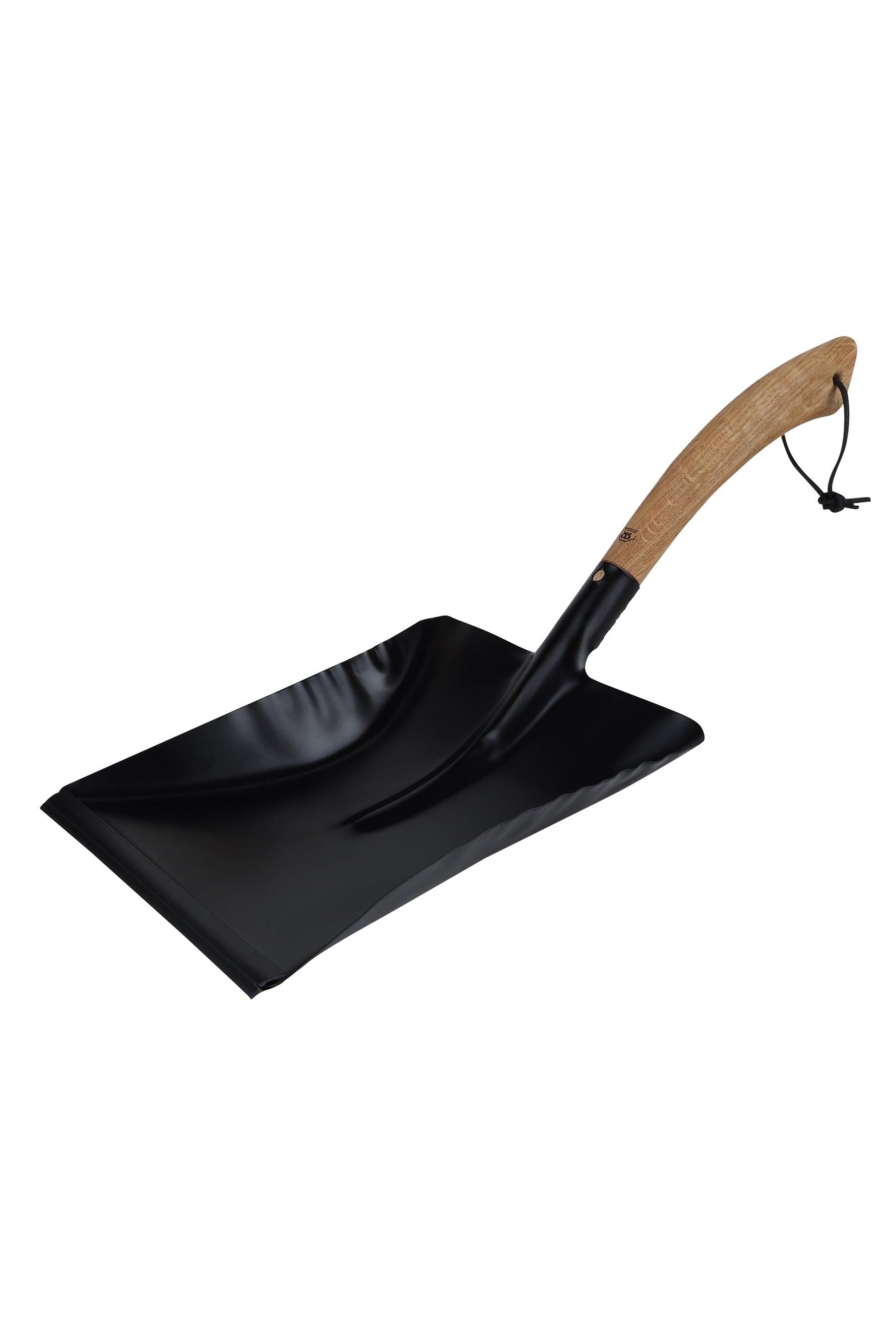 Black dustpan with a wooden handle on a white background