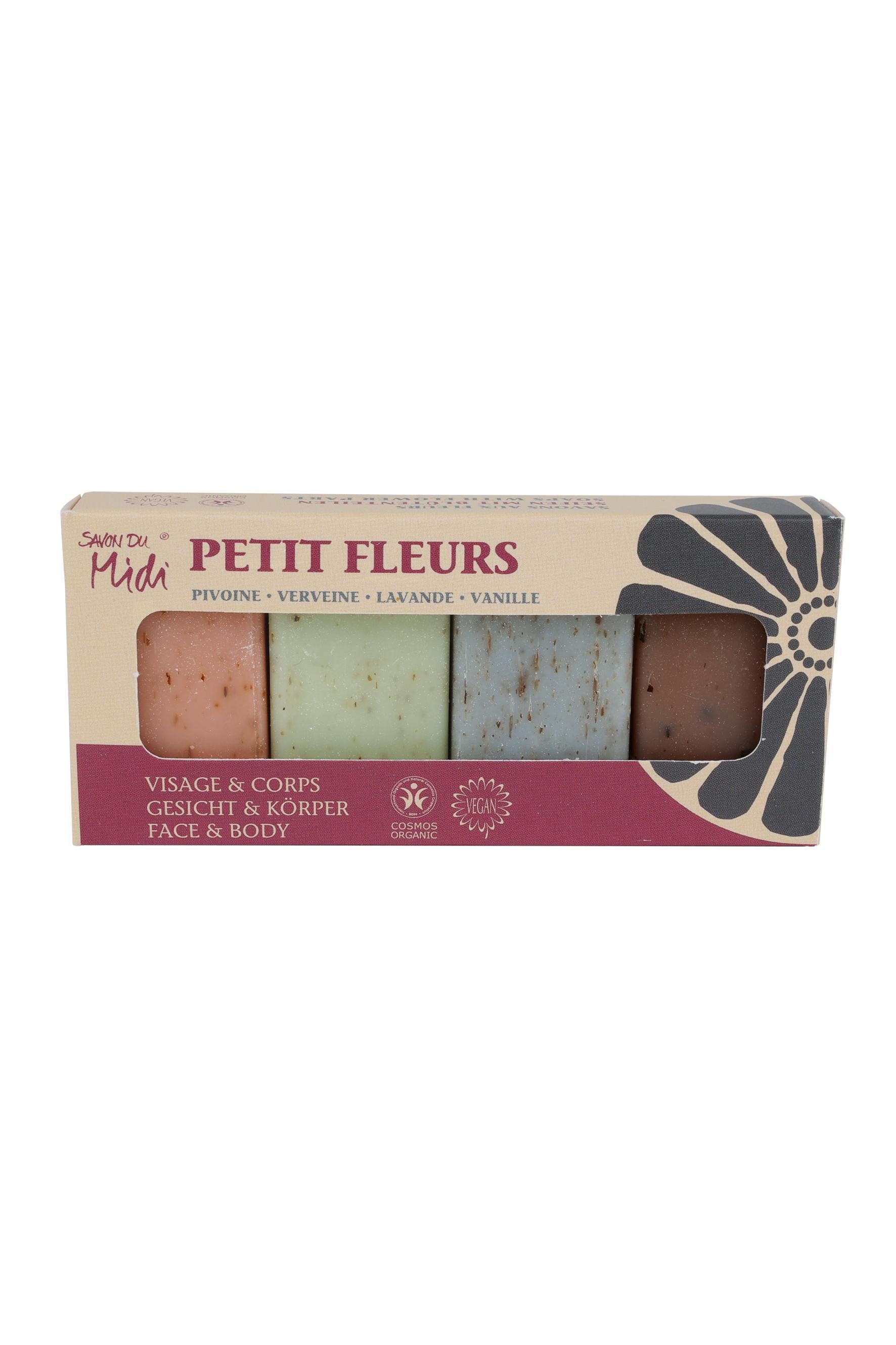 Box of Petit Fleurs soap bars with visible branding on a white background
