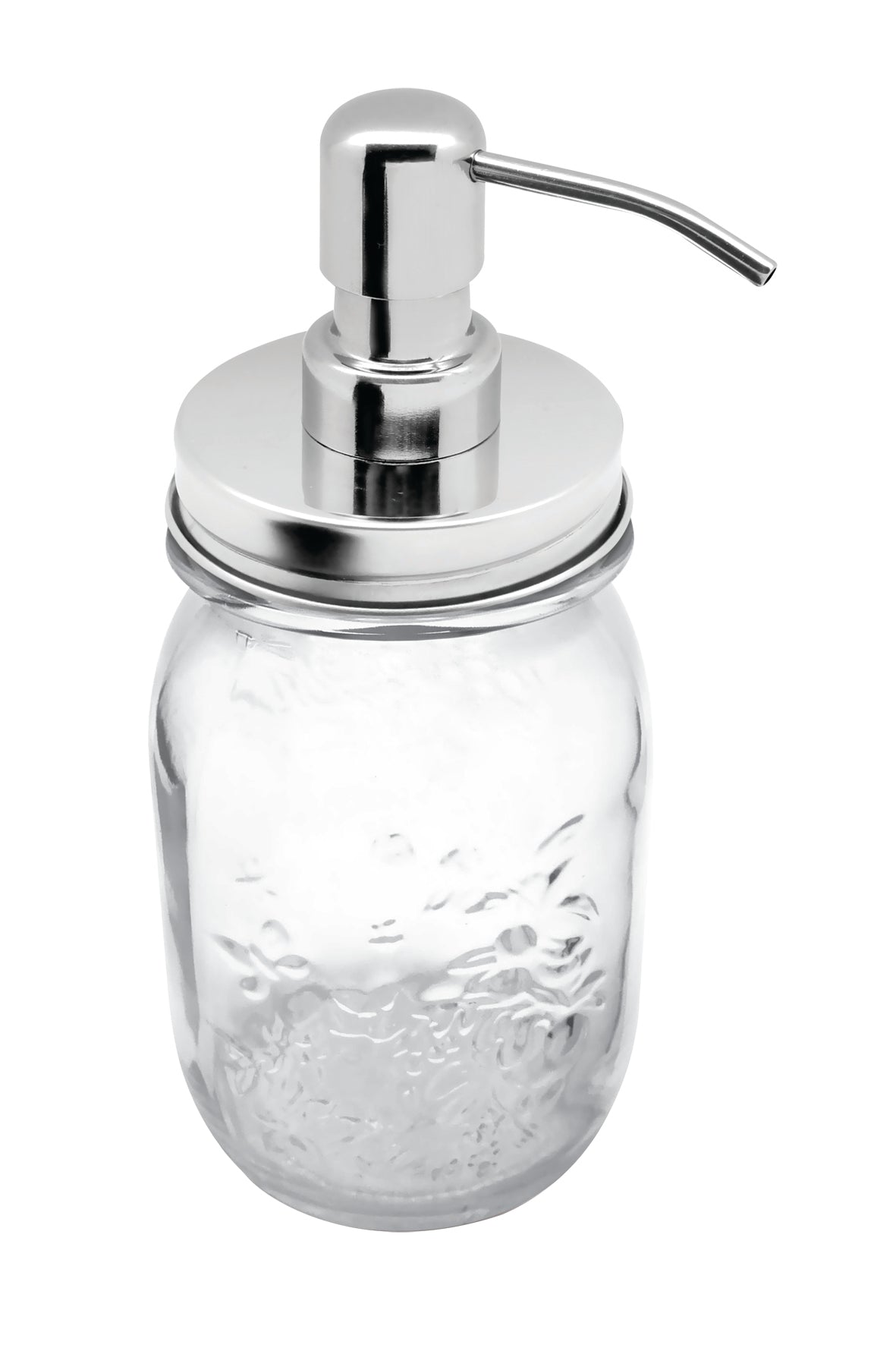 Clear glass soap dispenser with chrome pump on a white background