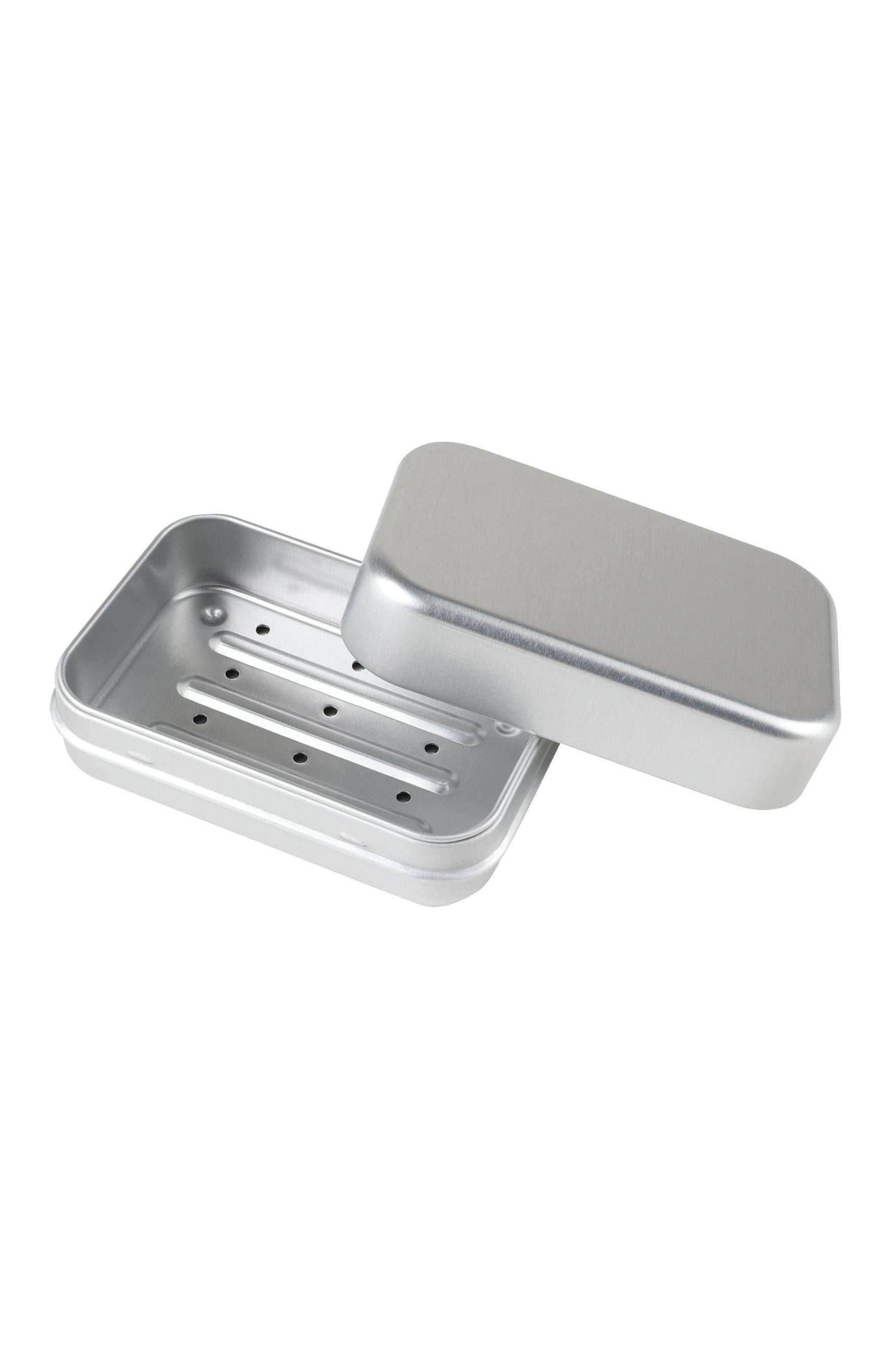 Silver metal soap dish with lid on a white background