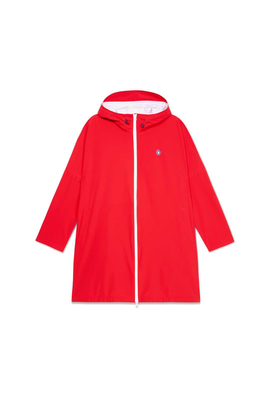 Red waterproof raincoat with a Flotte logo on a white background