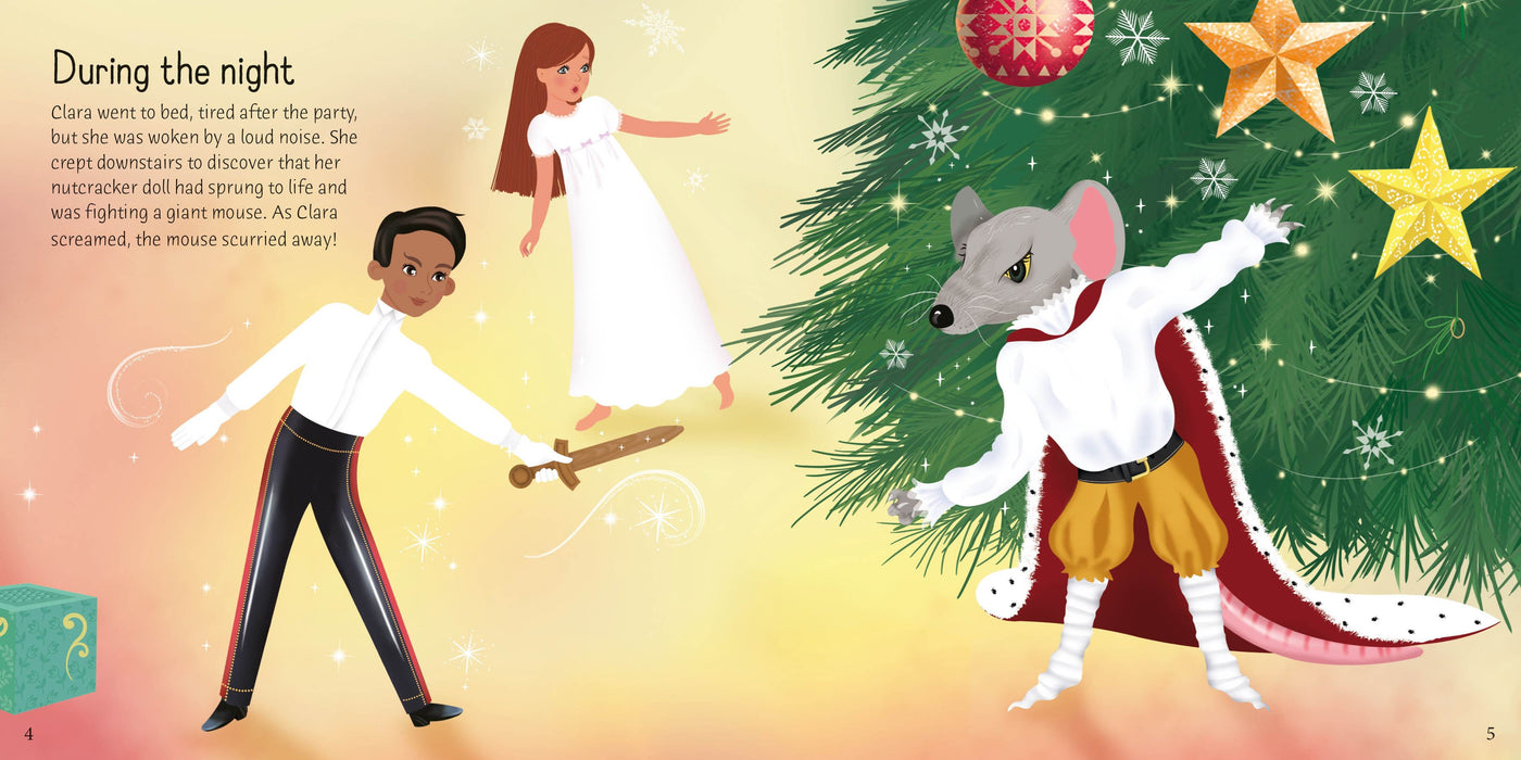 Illustration from a children's book showing a Nutcracker scene with characters and a Christmas tree.