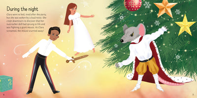 Illustration from a children's book showing a Nutcracker scene with characters and a Christmas tree.