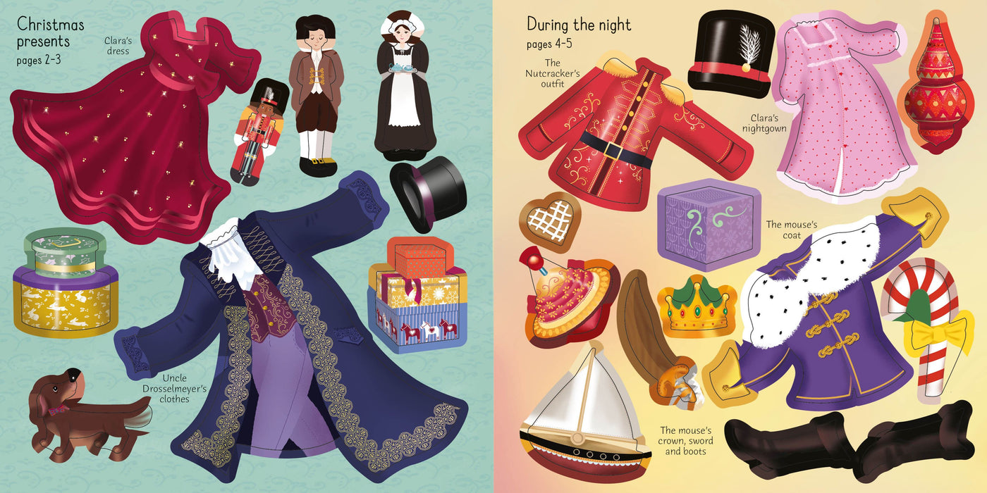 Illustrations of Christmas-themed paper dolls and accessories on a colorful background